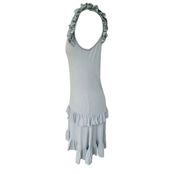 Violet Weekend Dusty Blue Rhinestone & Pearl Sleeve Ruffle Dress Size Small - Picture 4 of 9